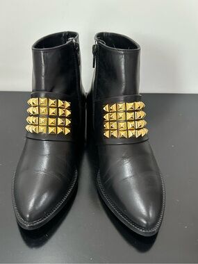 Jon Joseph Black Leather Ankle Boots with Gold Pyramid Studs